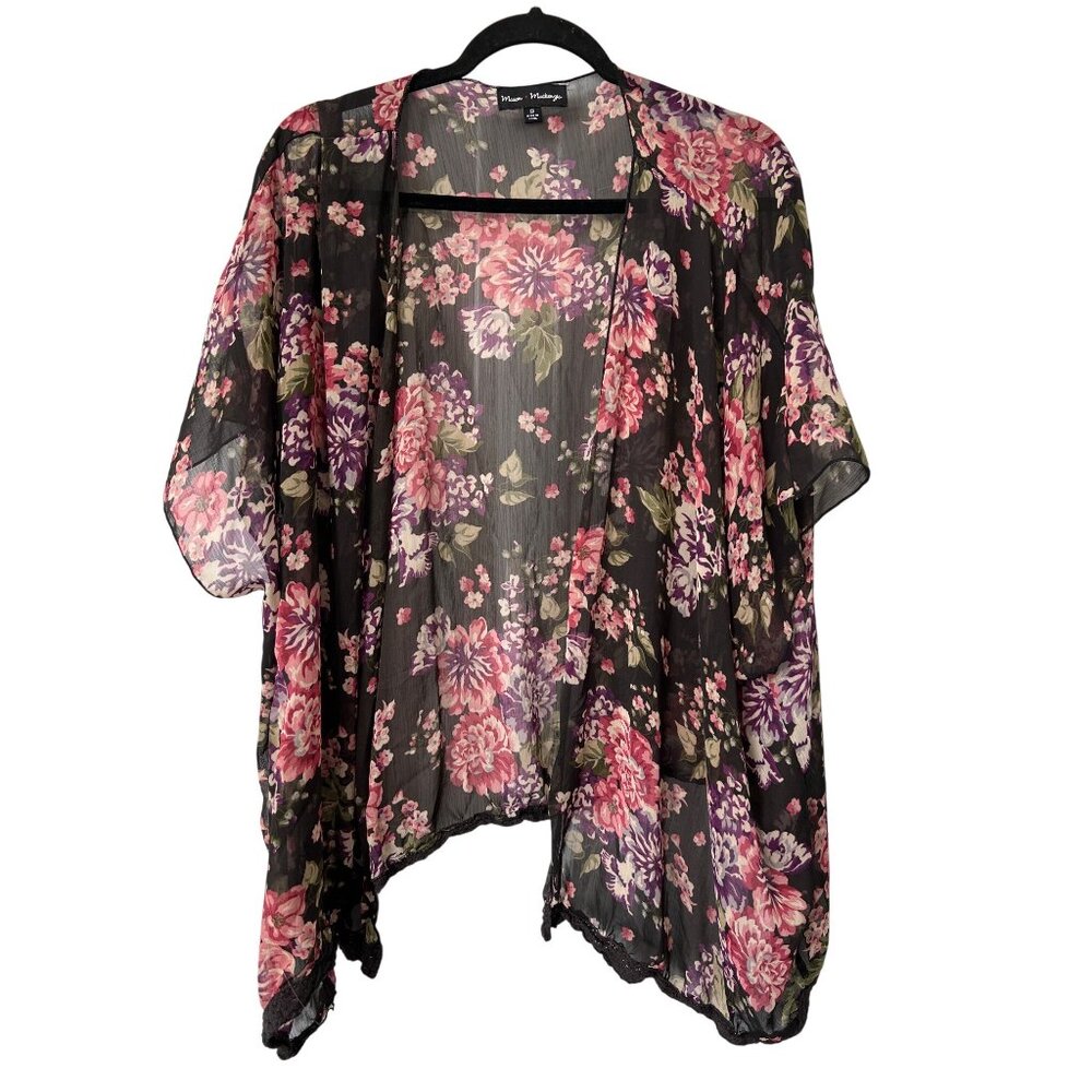 Mason + Mackenzie Kimono Size Small Floral Sheer Open Front Cardigan Black Pink